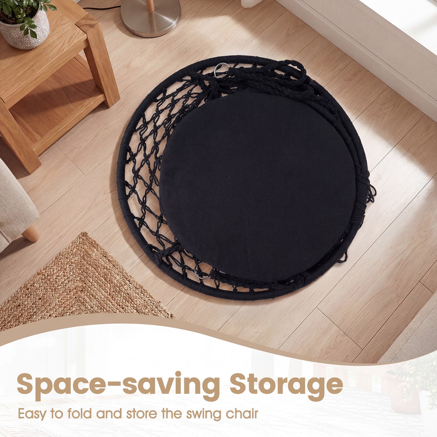 Macrame Swing Chair With Round Seat Cushion, Black Hammocks at Gallery Canada