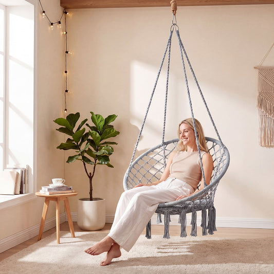 Macrame Swing Chair With Round Seat Cushion, Grey Hammocks Gray at Gallery Canada