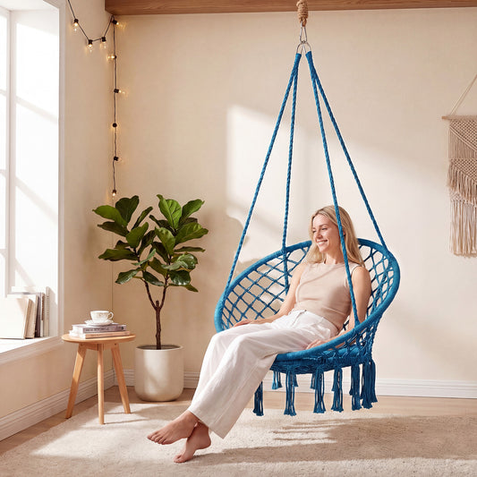Macrame Swing Chair, Round Seat Cushion, Blue Hammocks Blue at Gallery Canada