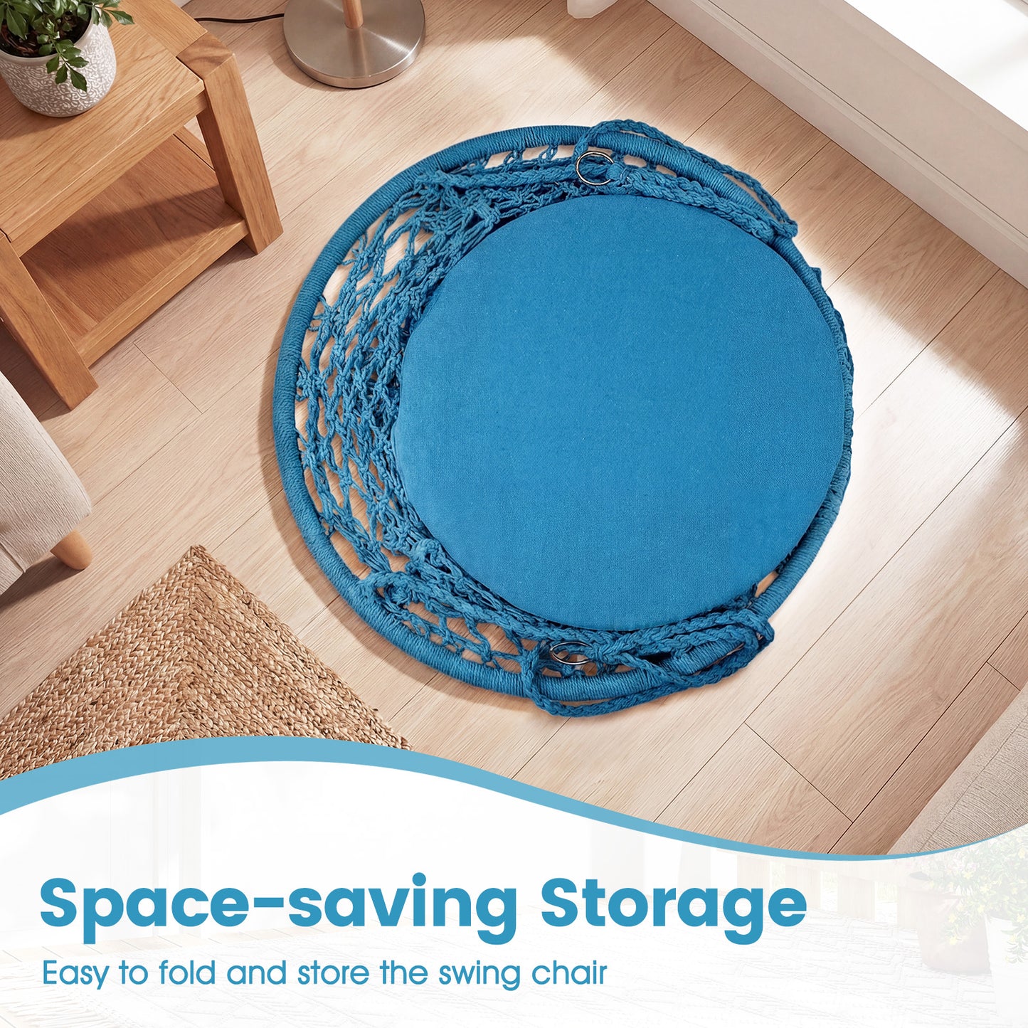 Macrame Swing Chair, Round Seat Cushion, Blue Hammocks at Gallery Canada