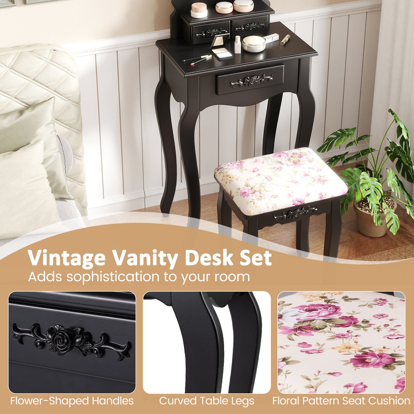 Makeup Dressing Table and Bench 3 Drawers and Cushioned Stool for Girls, Black Makeup Vanities at Gallery Canada
