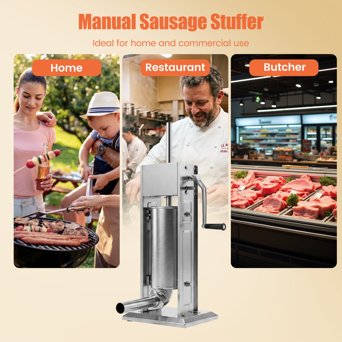 Remplisseuse de saucisses manuelle, 2 vitesses, 4 tubes, 5 L