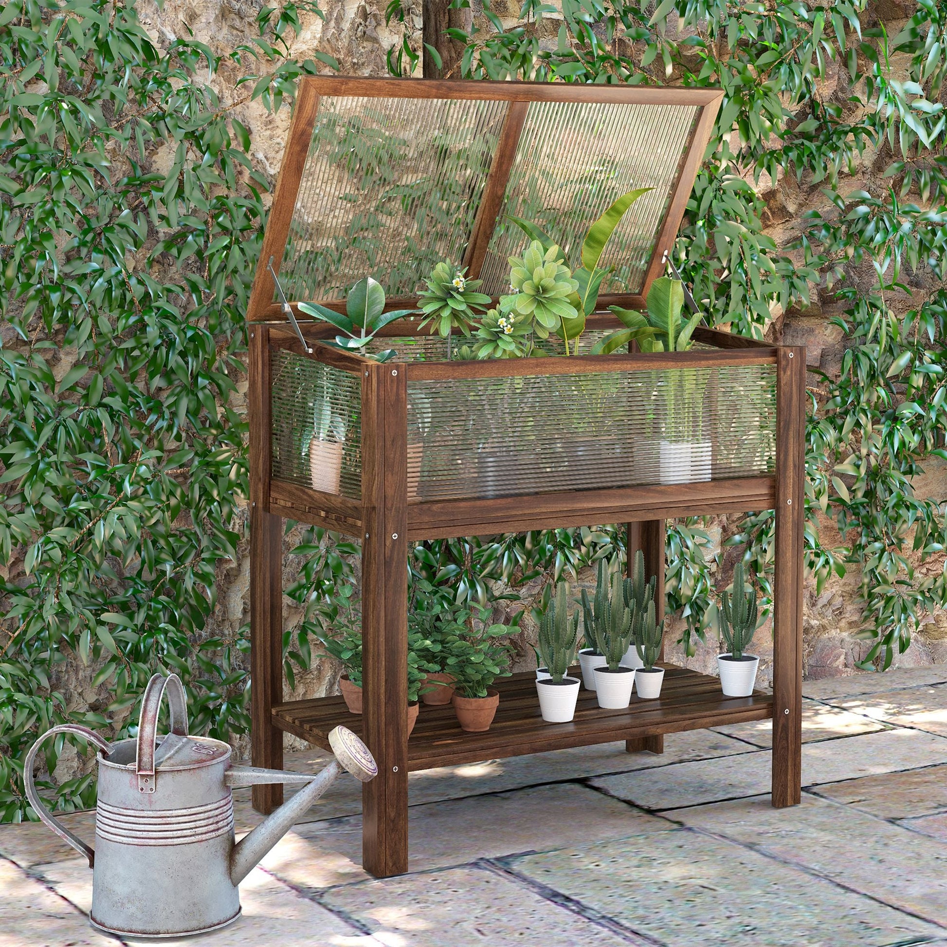 Wooden Cold Frame Greenhouse, Garden Portable Raised Planter with Bottom Shelf for Outdoor Indoor Use, Brown at Gallery Canada