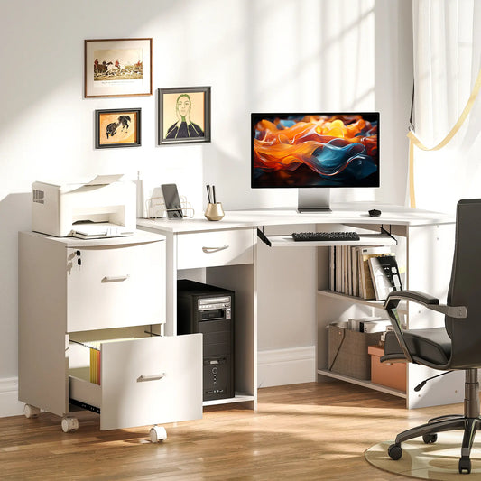 L-Shaped Computer Desk, File Cabinet Set, White