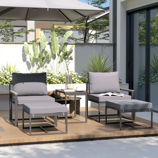 5-Piece Outdoor Patio Furniture Set, Small Sofa with Ottomans, Cushions, Grey
