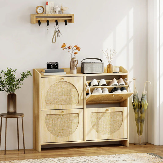 4 Flip-Drawer Shoe Cabinet, Rattan Doors, Adjustable Shelves, Holds 16 Pairs, Natural Shoe Storage Cabinets & Racks Natural at Gallery Canada