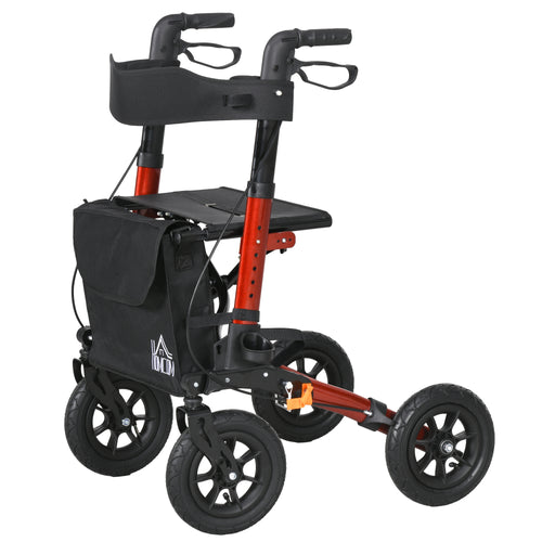 Rollator for Seniors with Seat, Rubber Wheels, Aluminum Folding Rolling Walker with Adjustable Handle, Bag, Red
