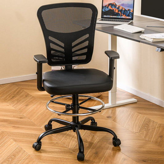 Mesh Drafting Chair, Adjustable Armrests, Foot-Ring, Black Mesh Chairs Black at Gallery Canada