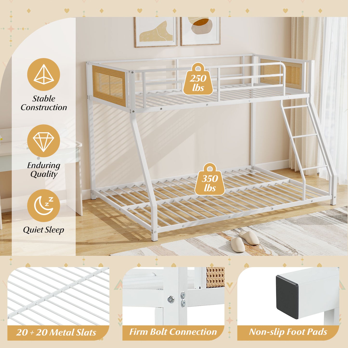 Metal Bunk Bed, Twin Over Full, Full Safety Guardrail, Ramp Ladder, White Toddler Beds at Gallery Canada