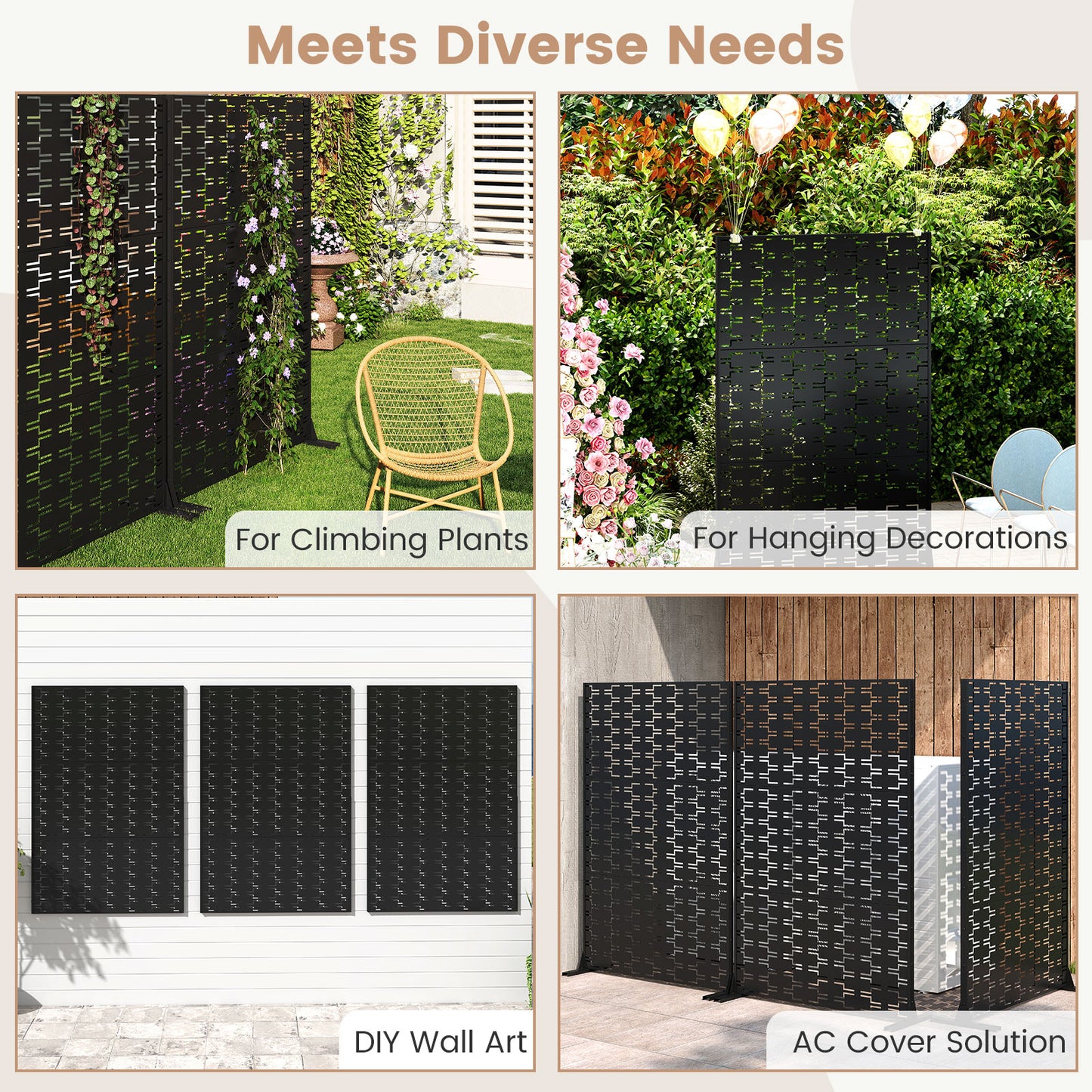 Metal Privacy Screen, 72 x 48 Inch, Freestanding Fence Panel, Black Room Dividers at Gallery Canada
