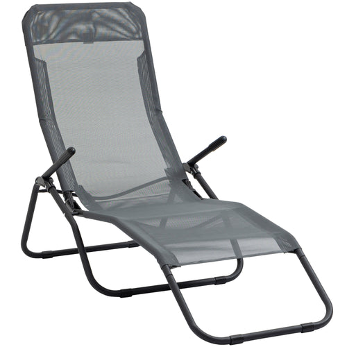 Foldable Patio Lounge Chair, Outdoor Beach Lounger with Breathable Mesh Fabric, Zero Gravity Chair with Reclining, Footrests, and Armrests, for Garden, Pool, Grey