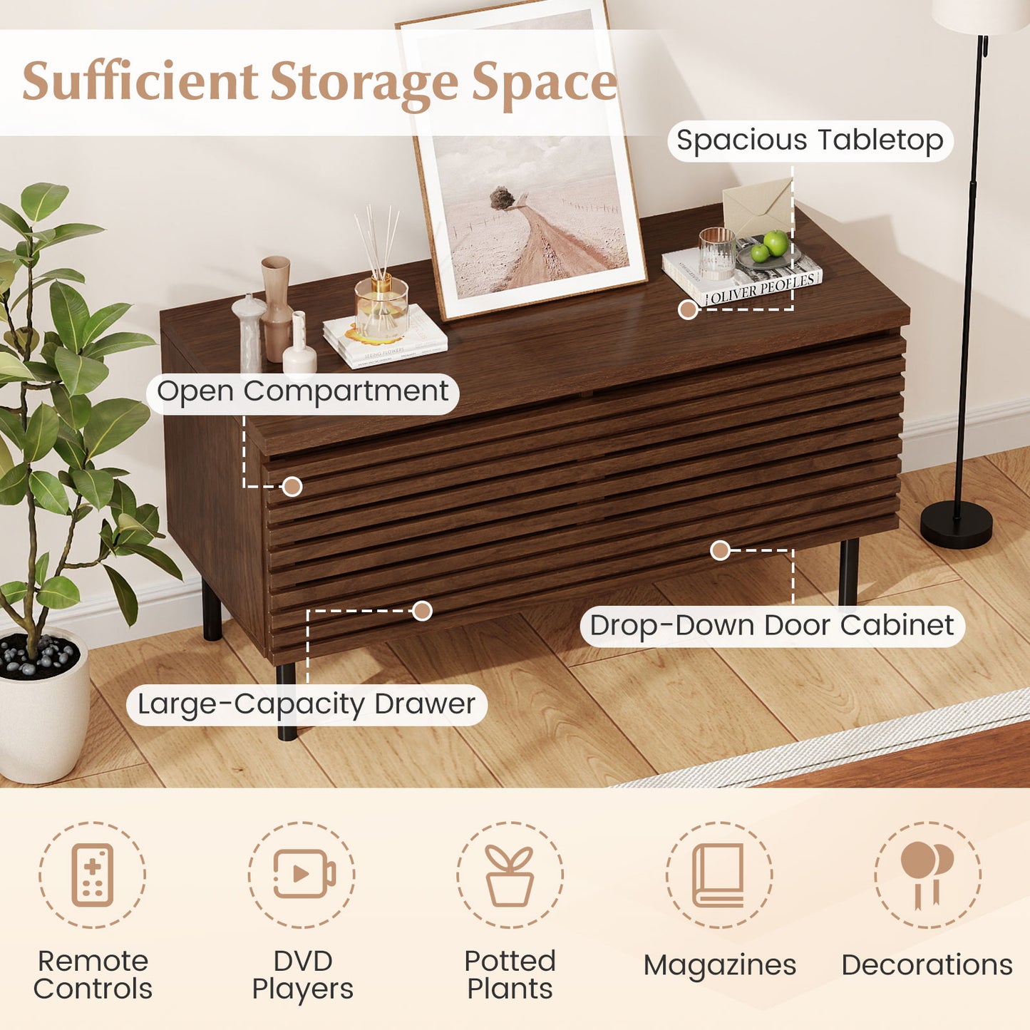 Mid Century Fluted TV Stand for 40" TV with 2 Hidden Compartments and Metal Legs, Walnut Entertainment Centers & TV Stands at Gallery Canada