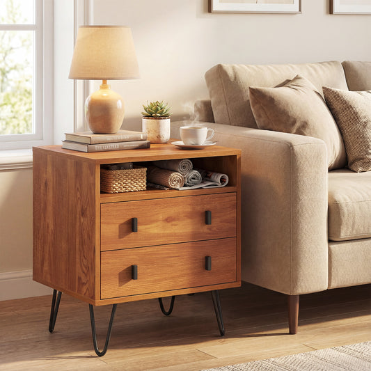 Mid Century Modern 2-Drawer Nightstand with Storage Compartment, Walnut Nightstands Walnut at Gallery Canada