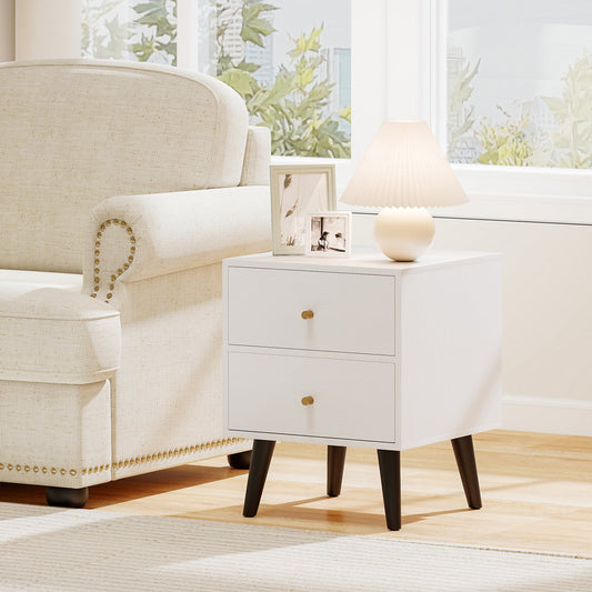 Mid Century Modern Bedside Table Nightstand with Golden Knobs and Raised Support Legs, White Nightstands White at Gallery Canada