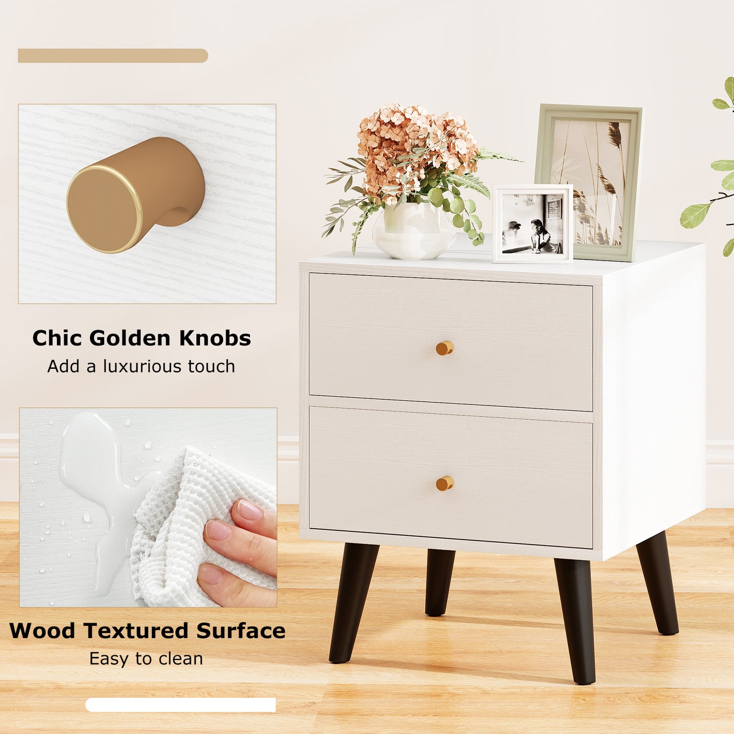 Mid Century Modern Bedside Table, With Golden Knobs, Black Nightstands at Gallery Canada