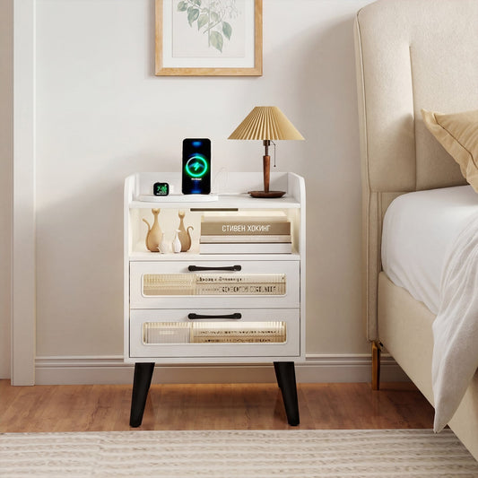 Mid Century Nightstand Charging Station, White Nightstands White at Gallery Canada