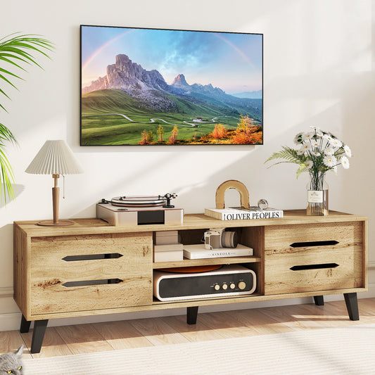Mid Century Modern TV Stand with Sliding Doors and Cable Hole for 65 Inch TVs, Natural Entertainment Centers & TV Stands Natural at Gallery Canada