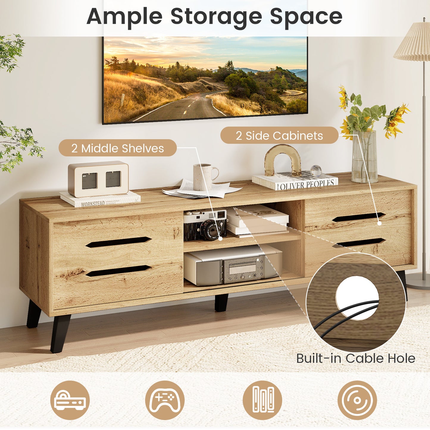 Mid Century Modern TV Stand, Sliding Doors, Cable Hole, 65 Inch, Natural Entertainment Centers & TV Stands at Gallery Canada