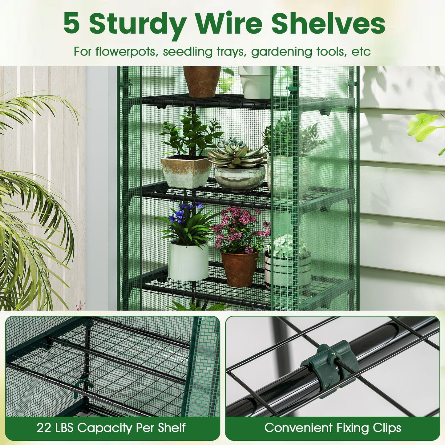 Mini Greenhouse Portable Plant Grow House with 5 Tier Shelves, Green