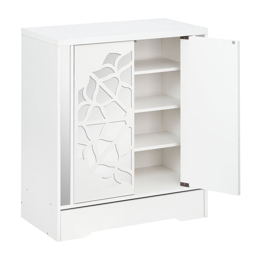 Mirrored Shoe Cabinet, 4-Tier Organizer With Large Drawer, White