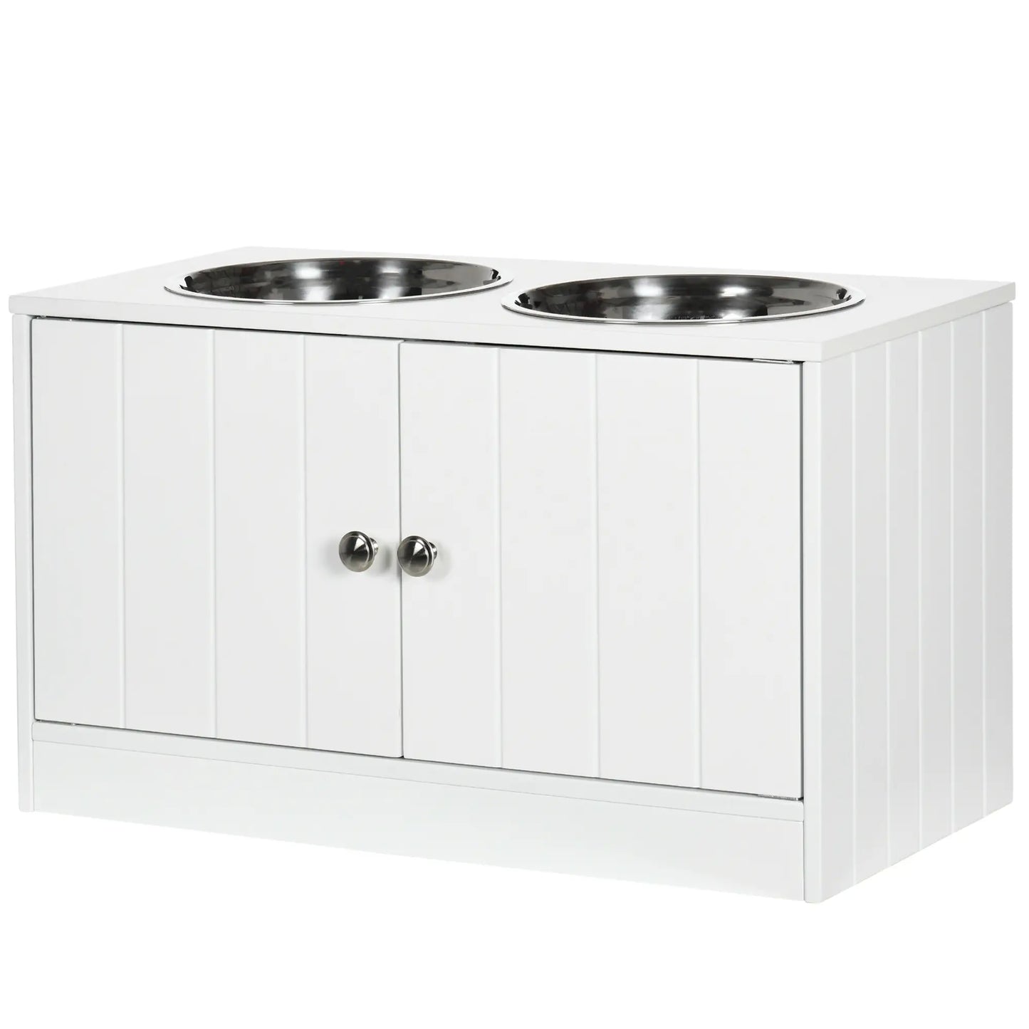 Bol élevé pour chien, Grande station d'alimentation pour animaux de compagnie avec support, rangement, 2 bols en acier inoxydable, 23.6" x 11.8" x 14", Blanc