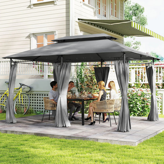 10' x 13' Double Roof Patio Gazebo, Outdoor with Curtains, Dark Grey Gazebos Dark Grey at Gallery Canada