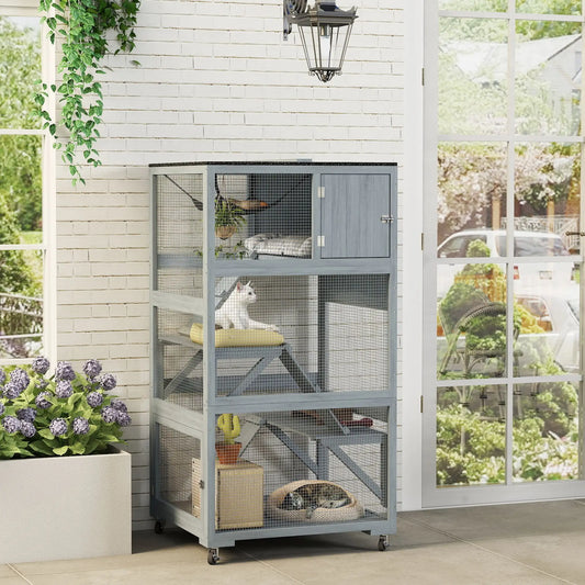 66"H Cat Enclosure On Wheels, With Hammock Platforms Ramps, Grey Outdoor Cat Enclosures Light Grey, Grey, Black at Gallery Canada