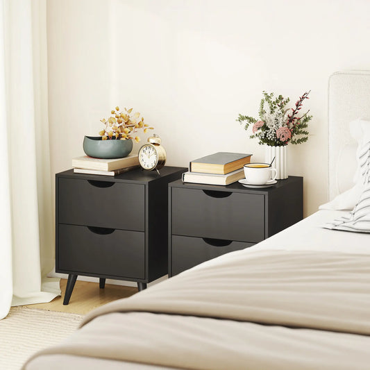 Modern Bedside Table Set Of 2, 2 Drawers, Pine Wood Legs, Black Bedside Tables Black at Gallery Canada