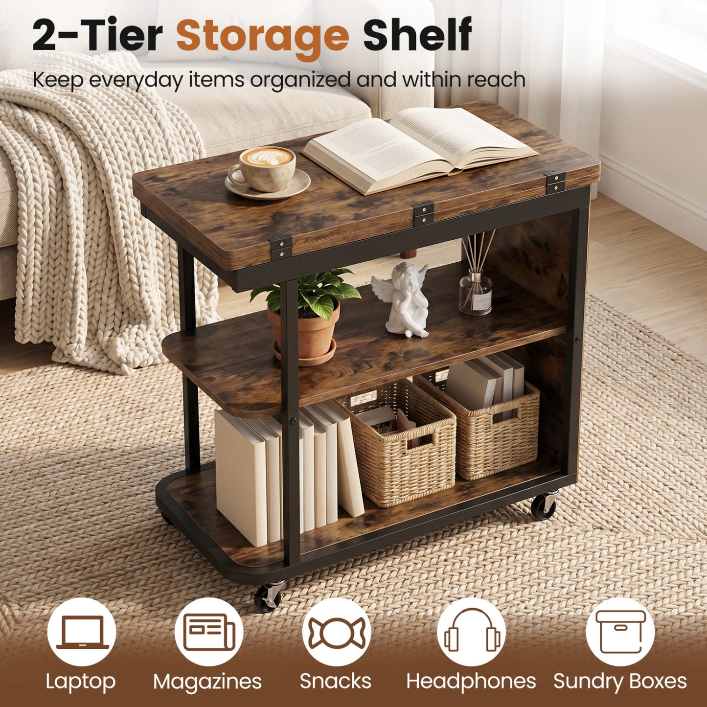 Mobile Night Stand with Foldable Swivel Top and 2-Tier Shelf for Small Spaces, Rustic Brown End & Side Tables at Gallery Canada