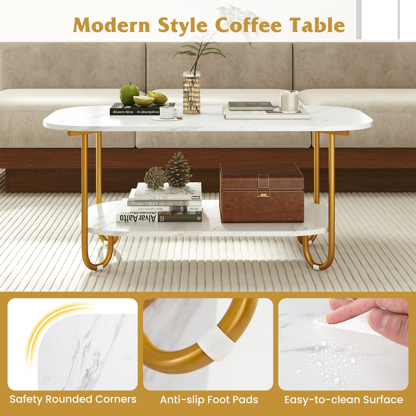 Modern 2-tier Faux Marble Top Coffee Table, White Coffee Tables at Gallery Canada