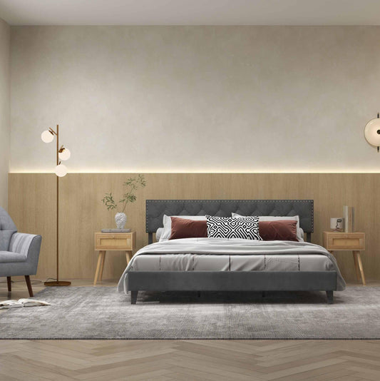 3-Piece Bedroom Set, Queen Bed, 2 Rattan Nightstands, 3-Globe Floor Lamp Bedroom Options at Gallery Canada