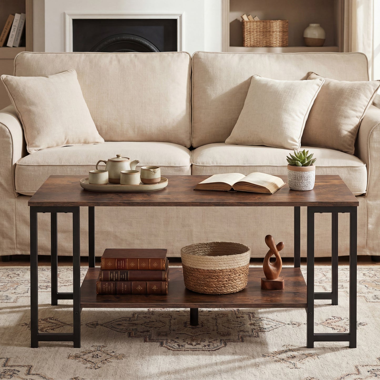 Modern Accent Table with Open Storage Shelf for Apartment and Lounge, Rustic Brown Coffee Tables at Gallery Canada