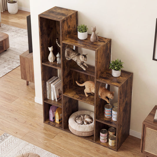 Modern Cat Bookshelf Tree, 8-Section Storage Cabinet, Brown Cat Trees Condos & Scratchers Rustic Brown at Gallery Canada