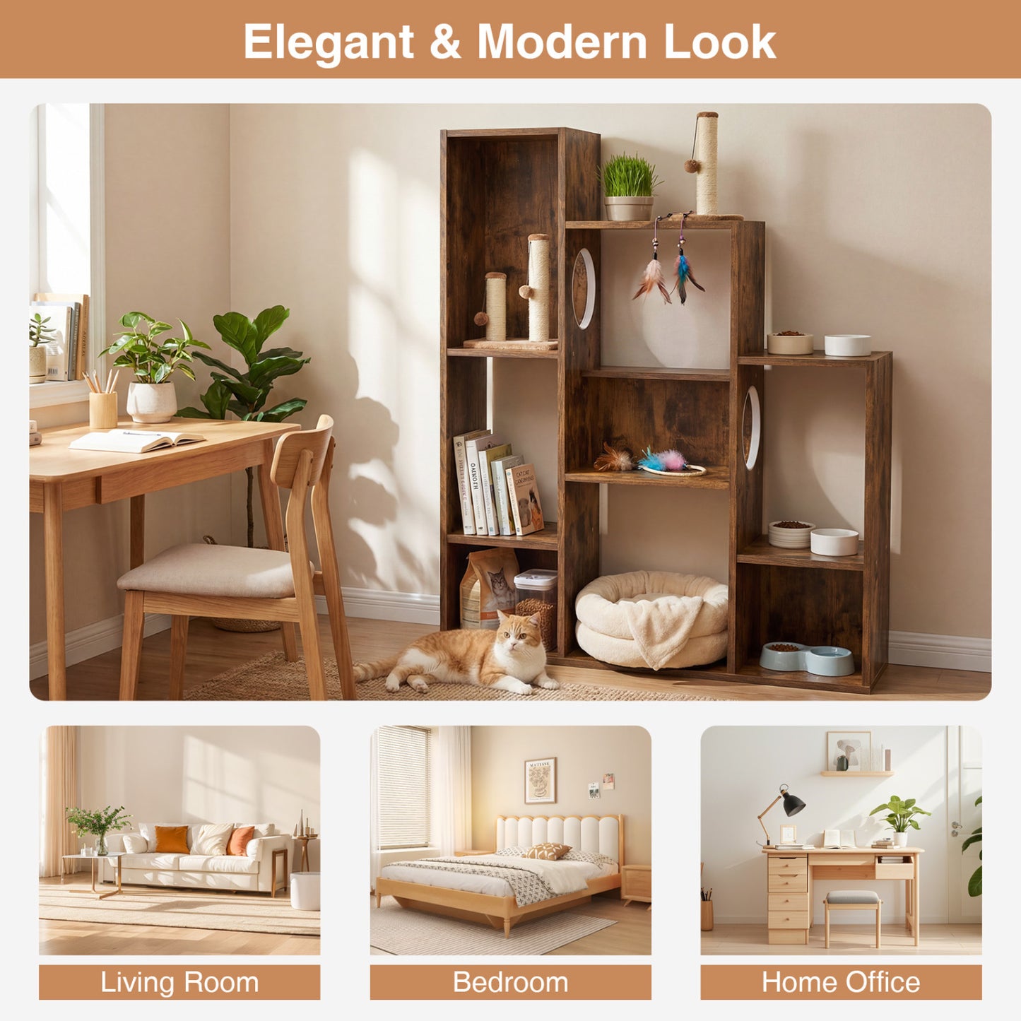 Modern Cat Bookshelf Tree, 8-Section Storage Cabinet, Brown Cat Trees Condos & Scratchers at Gallery Canada