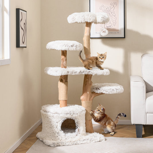 Modern Cat Tree 53 Inch Tall Natural Branch Wooden Cat Tower with Jute Scratching Posts, White Cat Trees Condos & Scratchers White at Gallery Canada