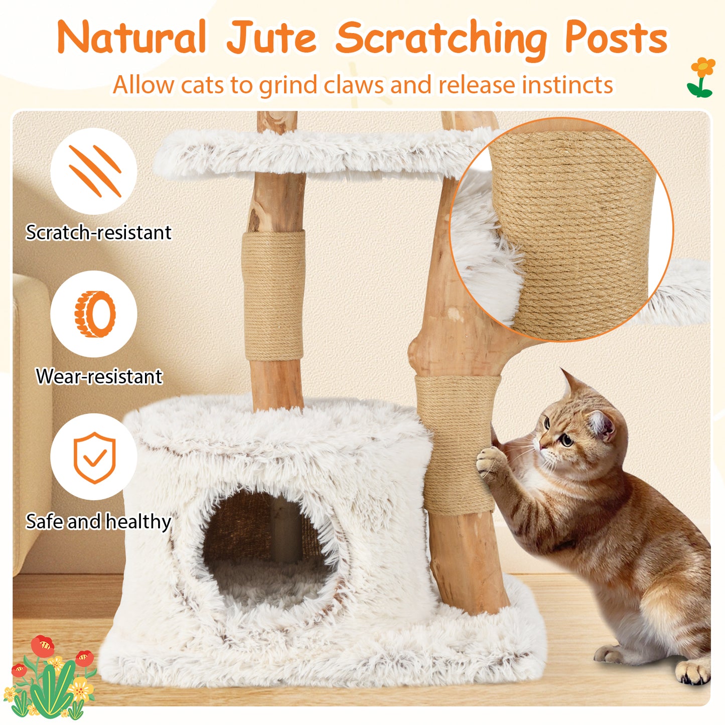 Modern Cat Tree 53 Inch Tall Natural Branch Wooden Cat Tower with Jute Scratching Posts, White Cat Trees Condos & Scratchers at Gallery Canada