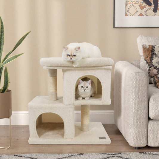 Modern Cat Tree Space-saving Cat Tower with Upholstered Perch and 2 Cat Condos, Beige