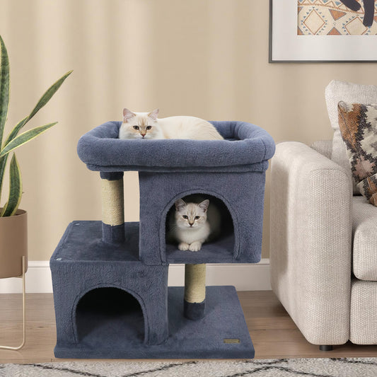Modern Cat Tree Space-saving Cat Tower with Upholstered Perch and 2 Cat Condos-Dark Grey, Dark Gray Cat Trees Condos & Scratchers Dark Gray at Gallery Canada