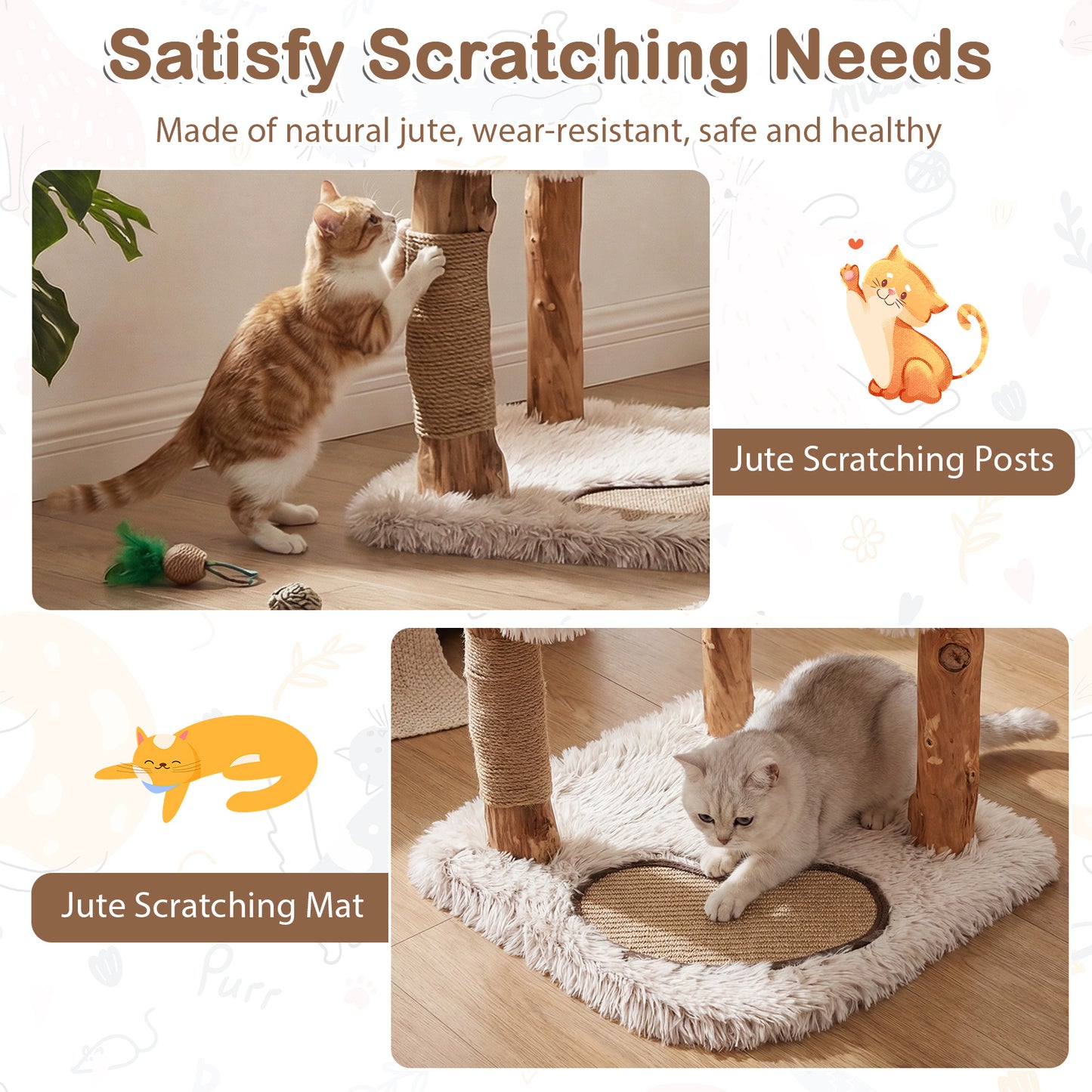 Modern Cat Tree Tower 40" with Luxury Real Wood Natural Branch, Natural & White Cat Trees Condos & Scratchers at Gallery Canada
