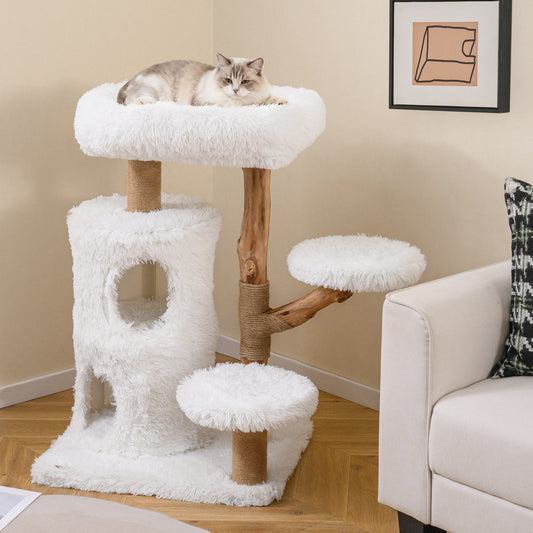 Modern Cat Tree for Indoor Cats 30.5 Cat Tower with Real Solid Wood Branches, White