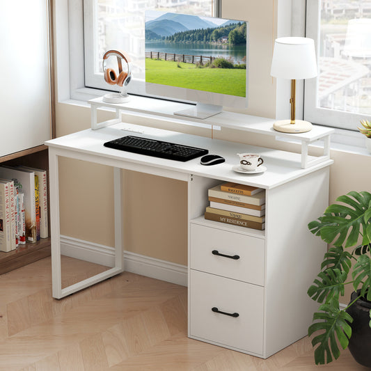Modern Computer Desk With Power Outlets, File Drawer, White Computer Desks White at Gallery Canada