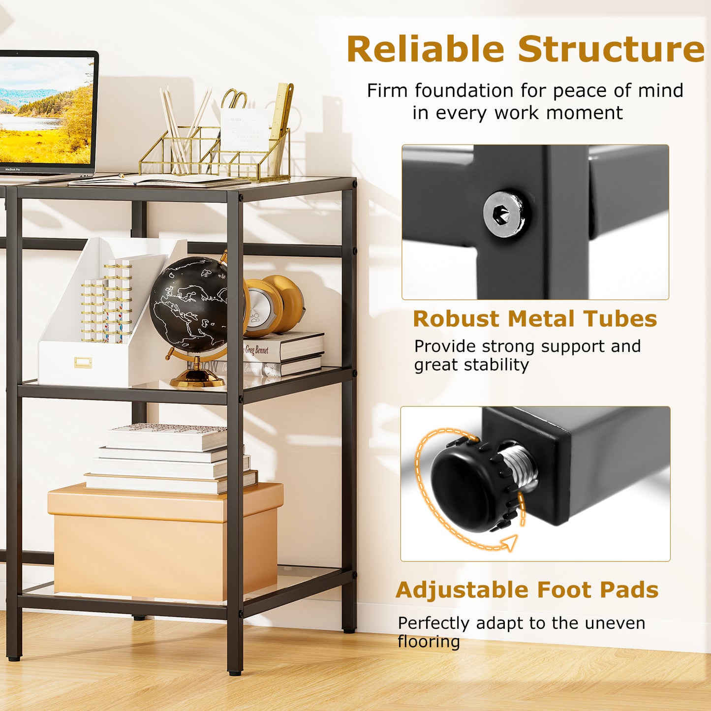 Modern Console Table, 2 Open Shelves, Metal Frame, Black Writing Desks at Gallery Canada