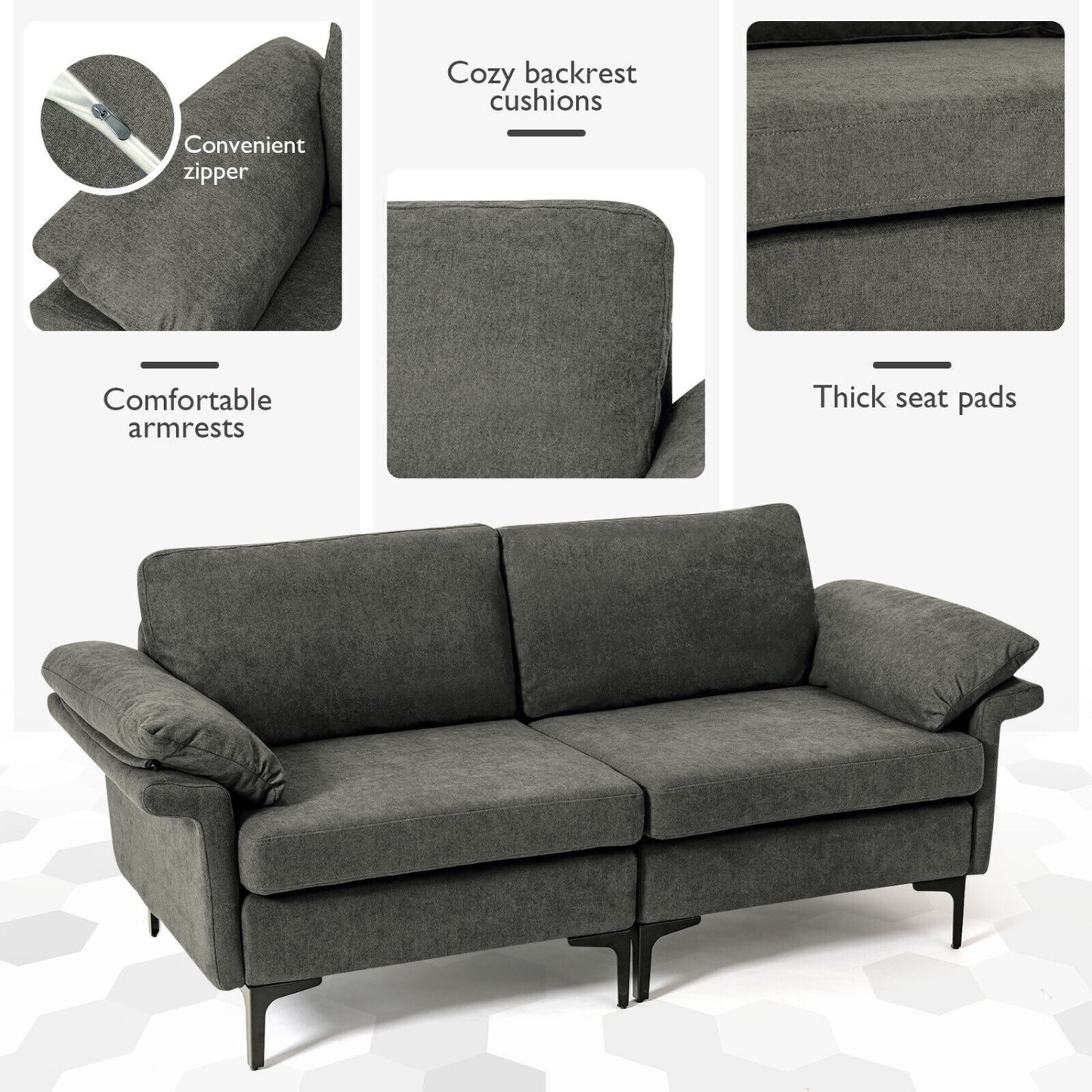 Modern Fabric Loveseat Sofa, With Metal Legs And Armrest Pillows, Gray Sofas & Loveseats at Gallery Canada
