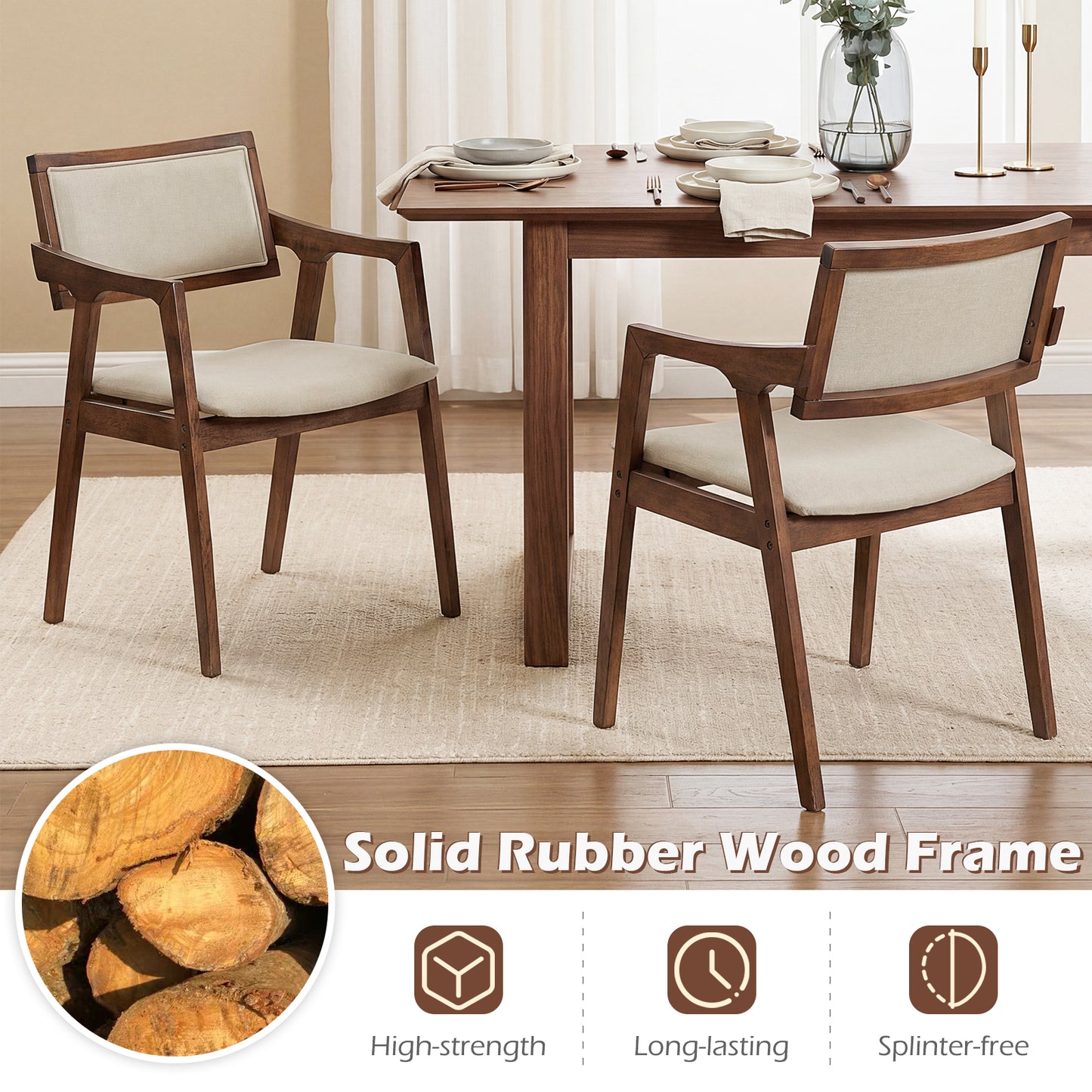 Modern Fabric Upholstered Rubber Wood Dining Chairs Set of 2 with Arms, Beige Dining Chairs at Gallery Canada