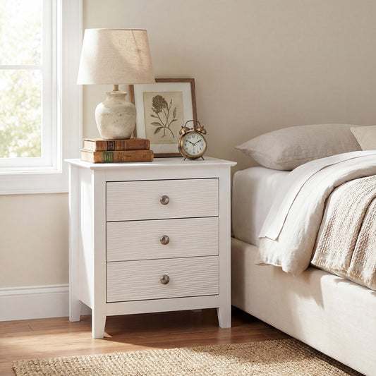 Modern Farmhouse 3-Drawer Nightstand, Wood Grain Accents, White Nightstands White at Gallery Canada