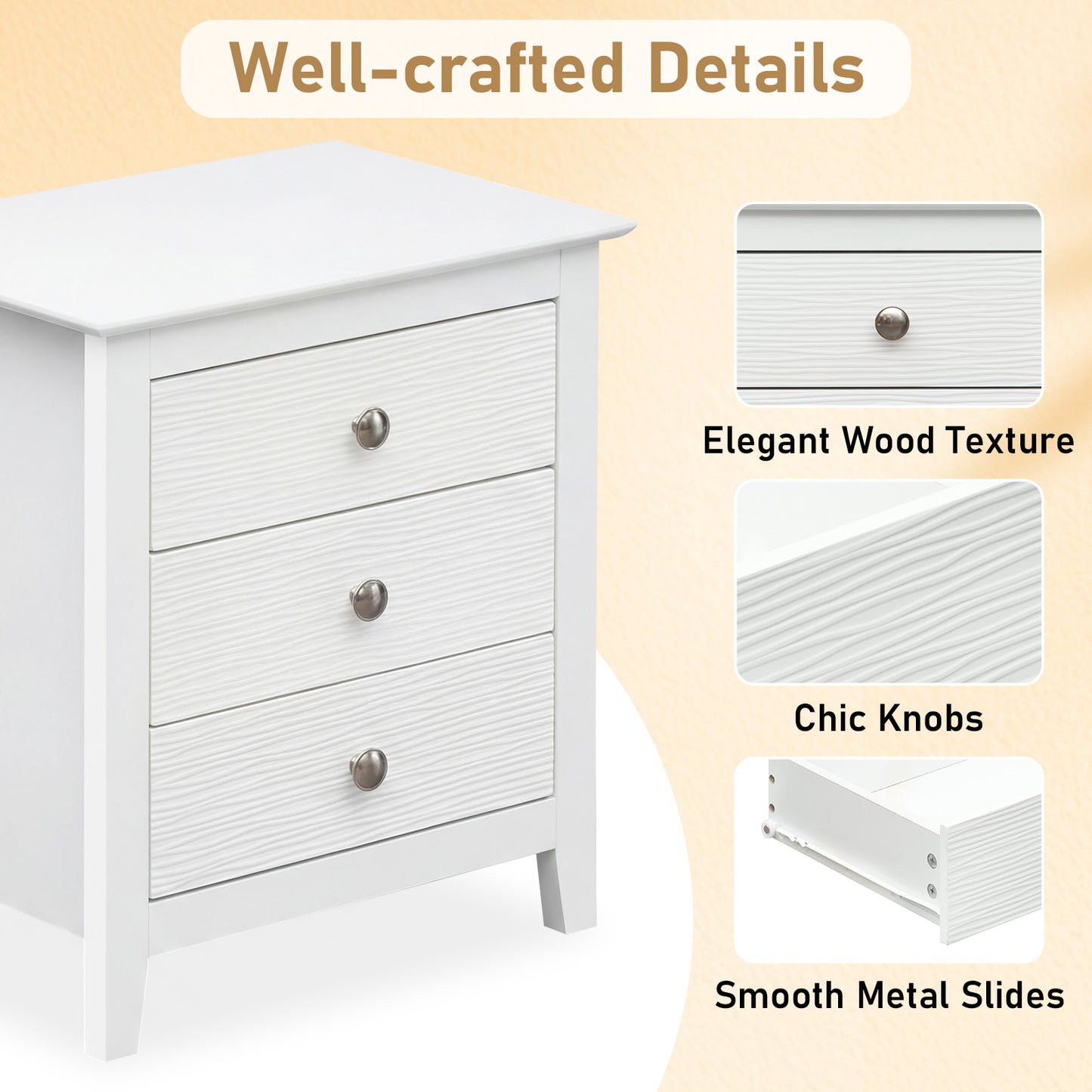 Modern Farmhouse 3-Drawer Nightstand, Wood Grain Accents, White Nightstands at Gallery Canada
