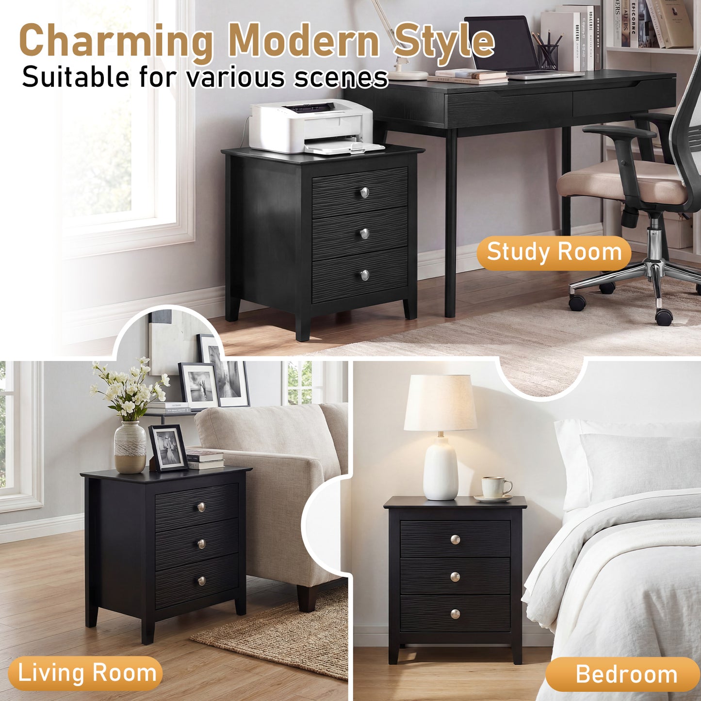 Modern Farmhouse 3-Drawer Nightstand, Wood Grain Accents, Black Nightstands at Gallery Canada