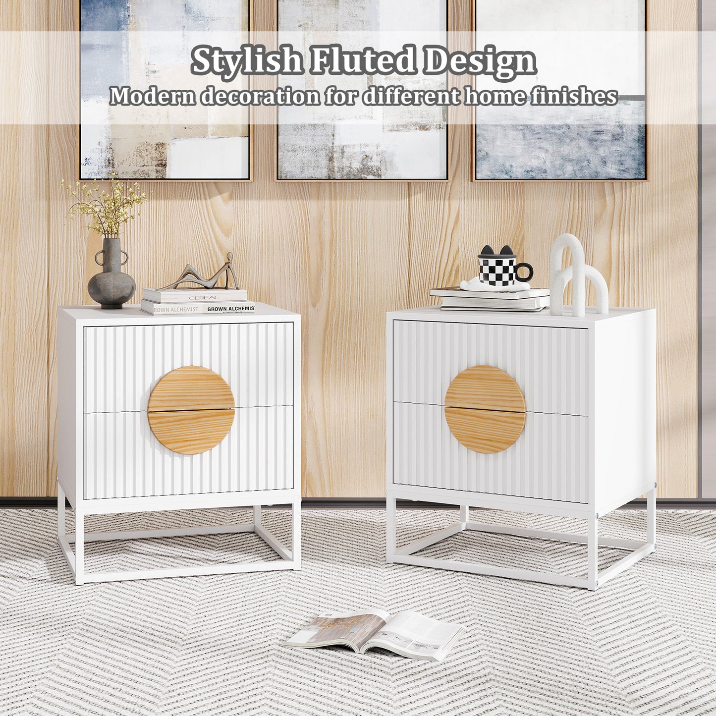 Modern Mid Century Fluted Nightstand with 2 Drawers and Pine Wood Handles for Bedroom, White Nightstands at Gallery Canada