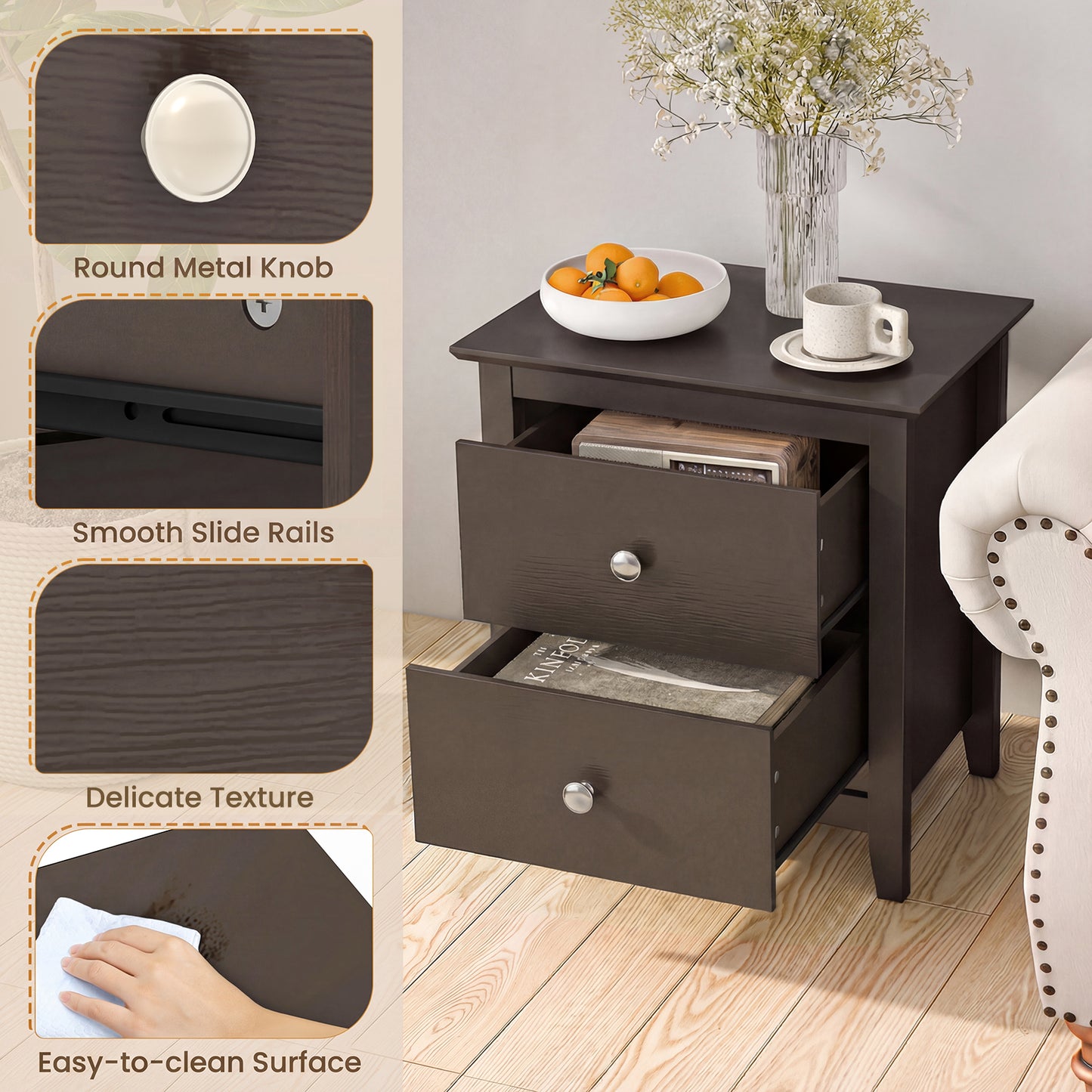 Modern Nightstand, 2 Drawers Brown Nightstands at Gallery Canada