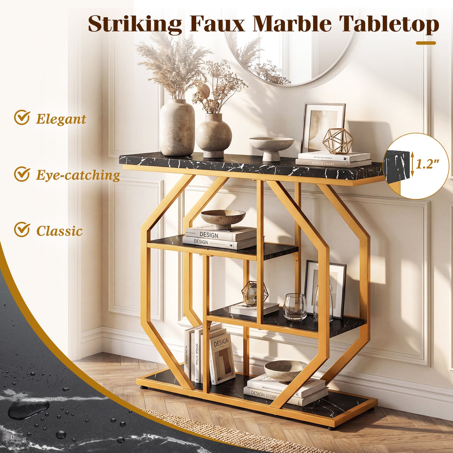 Modern Sofa Table Behind Couch 4-Tier Console Table with Faux Marble Tabletop, Black Console Tables at Gallery Canada
